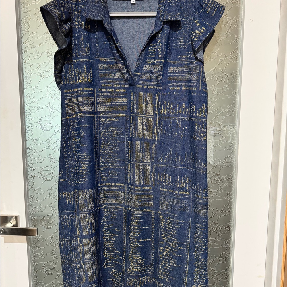 Kauluaʻe Blue and Gold Kuʻe Petition Pattern Sheath Dress